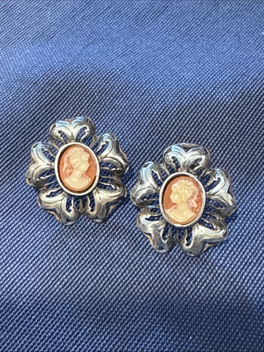 Sterling silver Vintage Style Cameo Flower Earrings in Coral